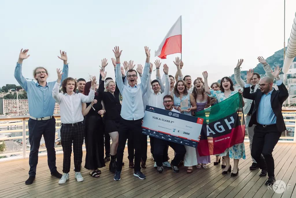 The photo shows the AGH SolarBoat team